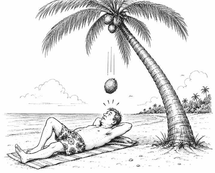 Federzeichnung von David Munro: ein Mann liegt auf einem Strandtuch unter einer schrägen Palme, die Hände hinter dem Kopf, und blickt nach oben, während eine Kokosnuss auf ihn zufällt.