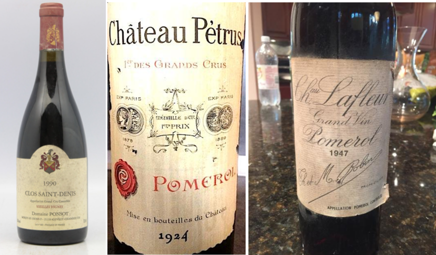 Labels from a 1990 Ponsot Clos Saint-Denis, a 1924 Petrus and a 1947 Lafleur
