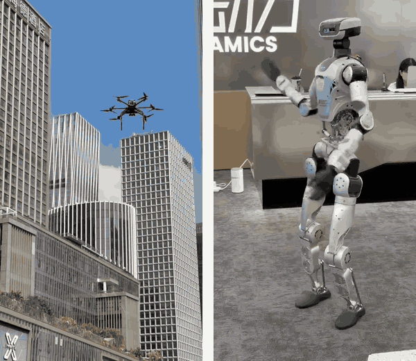 Left, a Meituan food delivery drone flying between office towers. Right, a LimX Dynamics humanoid robot dancing.